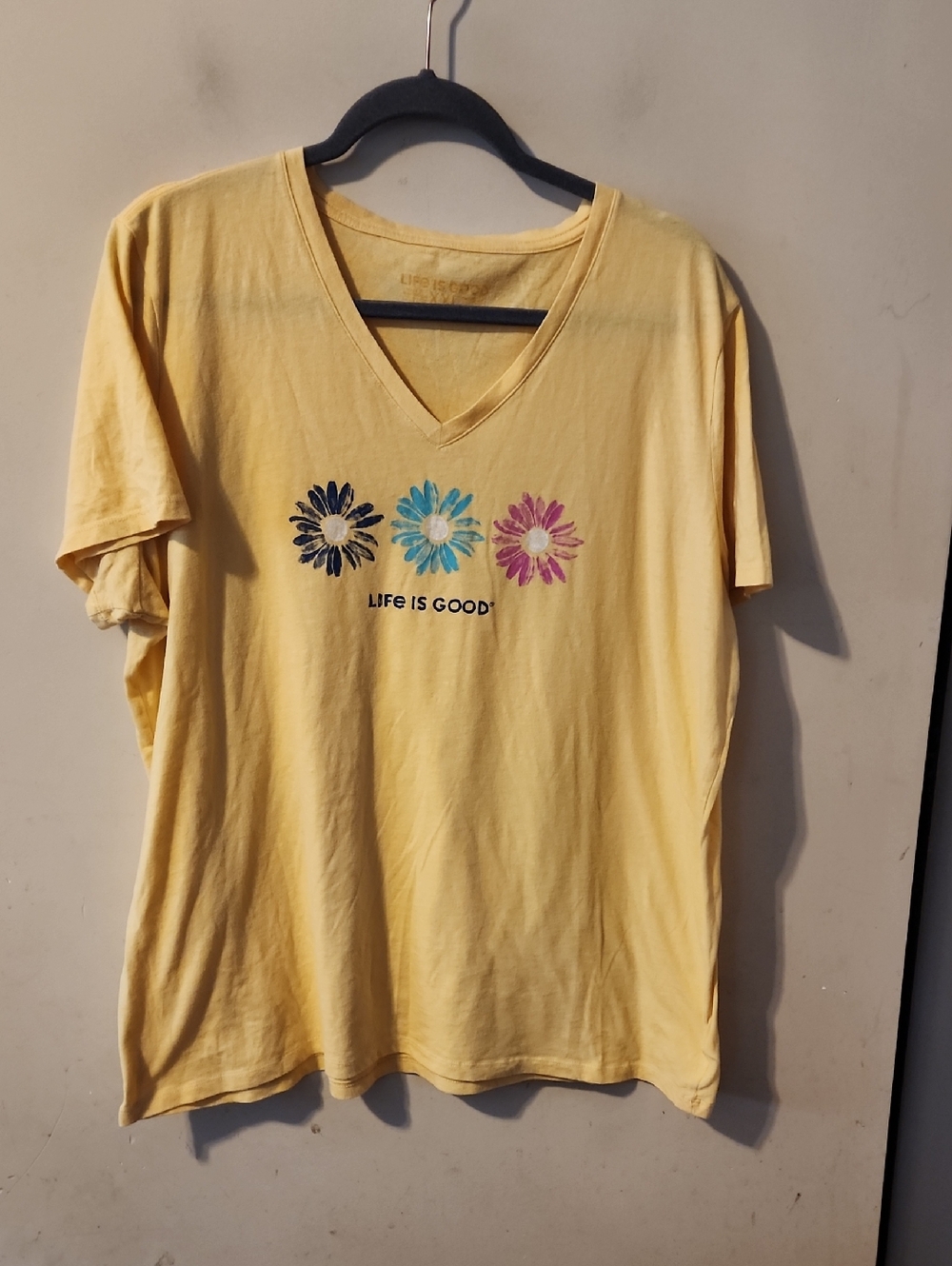 Life Is Good Yellow V-Neck Tee with Navy, Teal & Pink Daisies